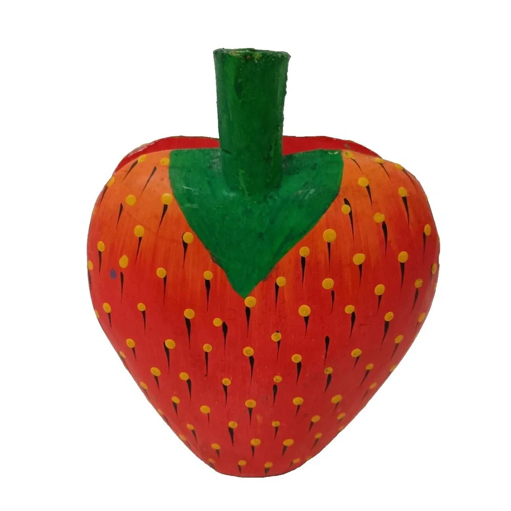Vintage Hand Carved Wood Strawberry Napkin Holder Whimsical Primitive Country